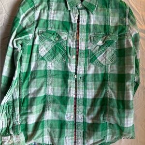 Green Plaid Casual Button-Down Shirt with Rainbow Lining- Men's